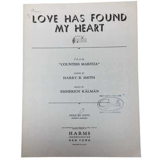 Vintage Sheet Music for the song "Love Has Found My Heart" Countess Maritza  A+ Stuff Sheet Music