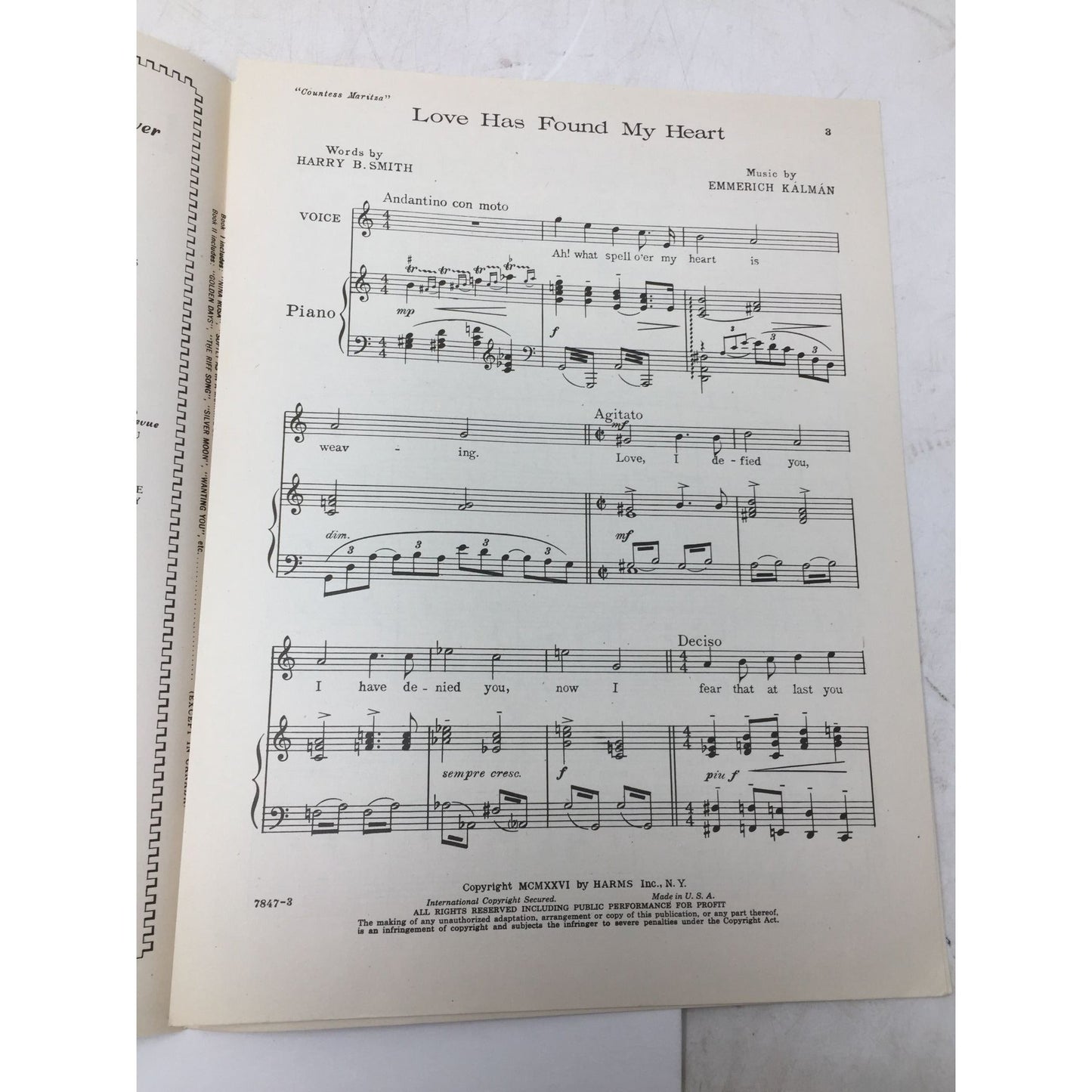 Vintage Sheet Music for the song "Love Has Found My Heart" Countess Maritza  A+ Stuff Sheet Music