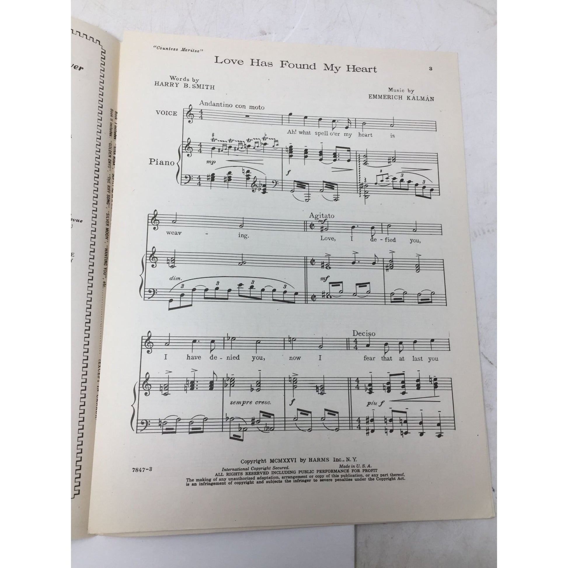 Vintage Sheet Music for the song "Love Has Found My Heart" Countess Maritza  A+ Stuff Sheet Music