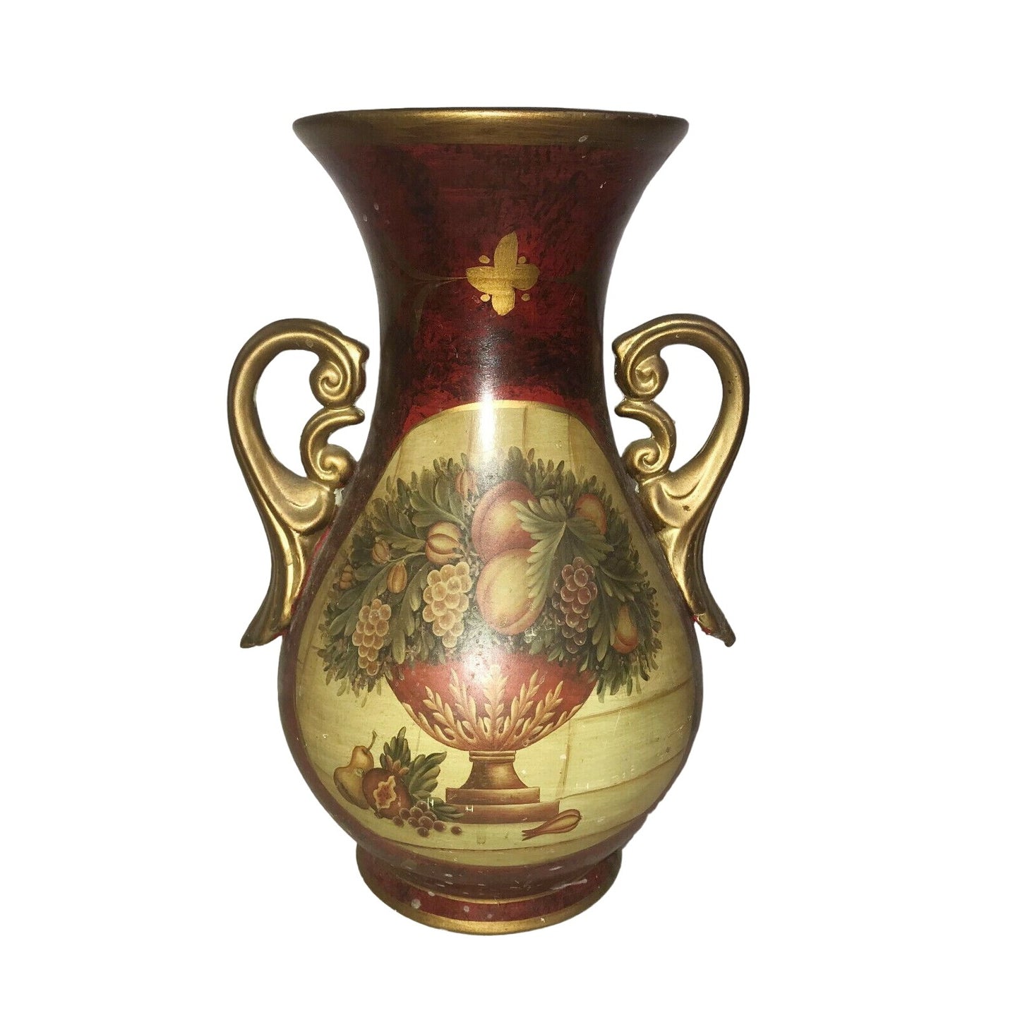 Pretty Decorative VASE with FRUIT BOWL ART Red Gold Handles