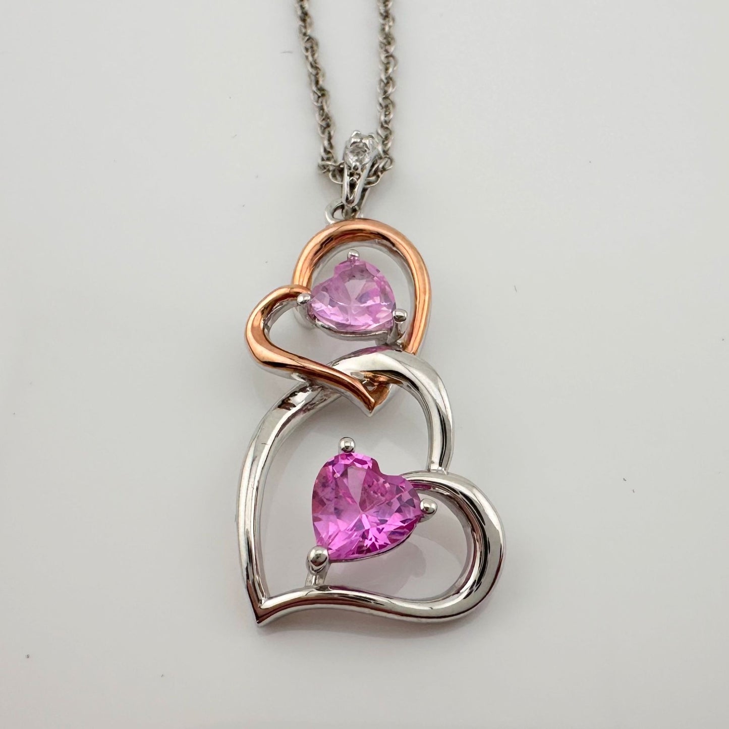 Beautiful Hearts Entwined 2 Tone Double Heart Necklace with Heart Shaped Gemstones