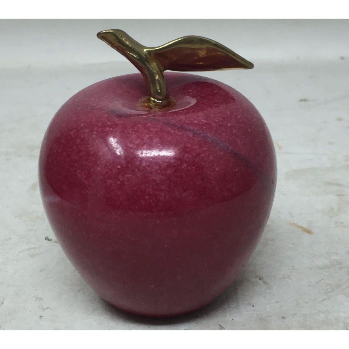 Vintage Polished Marble Red Apple with Brass Stem Leaf Heavy Paperweight