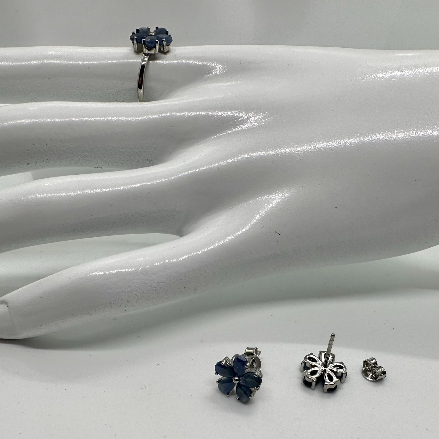 Simple & Sweet - Sapphire Flower Jewelry Set - Dinner Ring and Stud Earrings