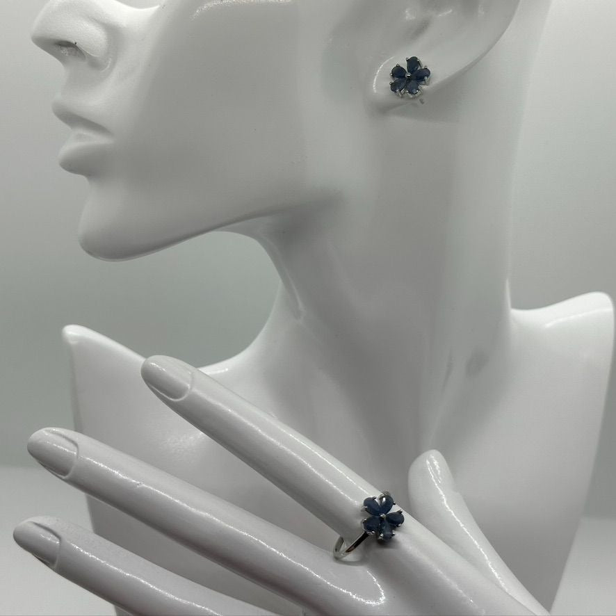 Simple & Sweet - Sapphire Flower Jewelry Set - Dinner Ring and Stud Earrings