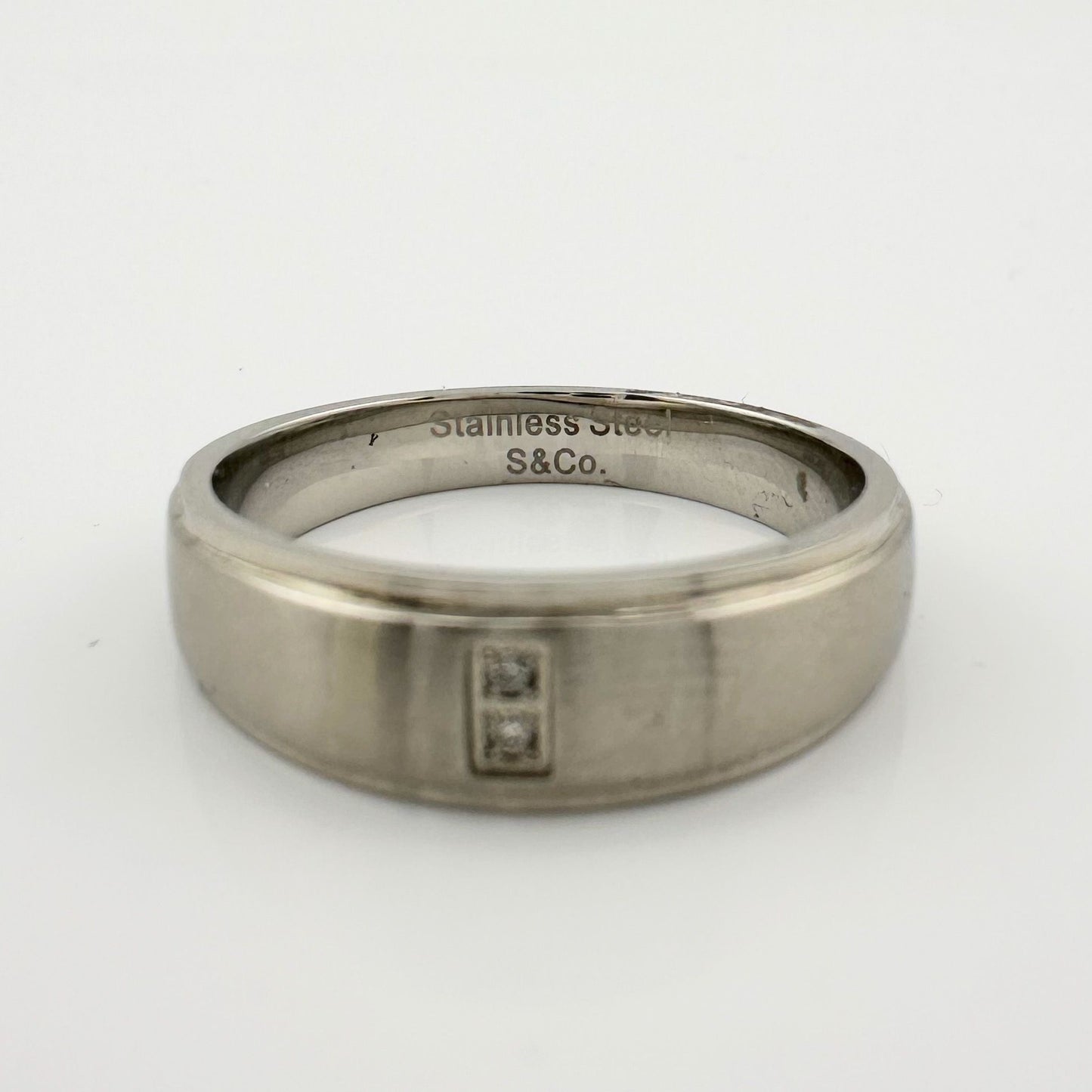 Polished Stainless Steel Diamond Wedding Band - Size 7.5