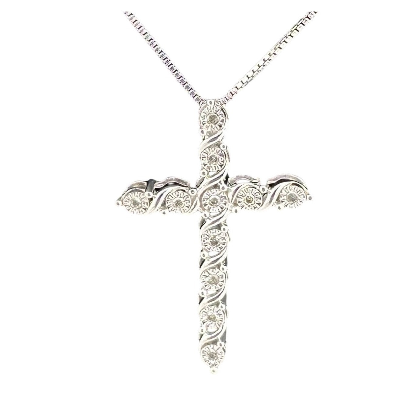 Beautiful Cross Necklace with Natural Diamonds in Illusion Setting and 18" Sterling Chain