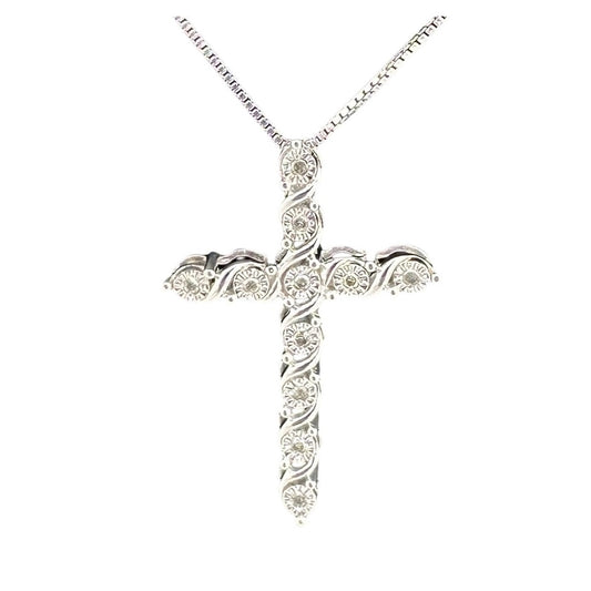 Beautiful Cross Necklace with Natural Diamonds in Illusion Setting and 18" Sterling Chain