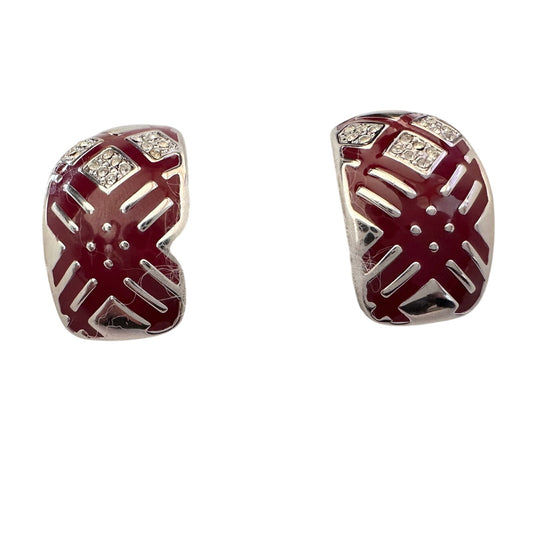 Burberry Silver and Maroon Nova Check Clip On Earrings