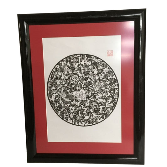 Circle Art Print with Black/Red border with Butterflies and Flowers