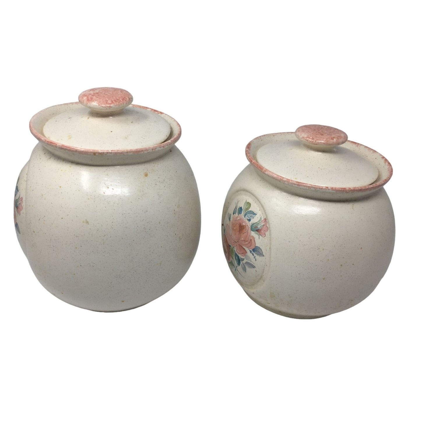 Vintage Pair of Round Lidded Jars With Flower Pattern of the Front