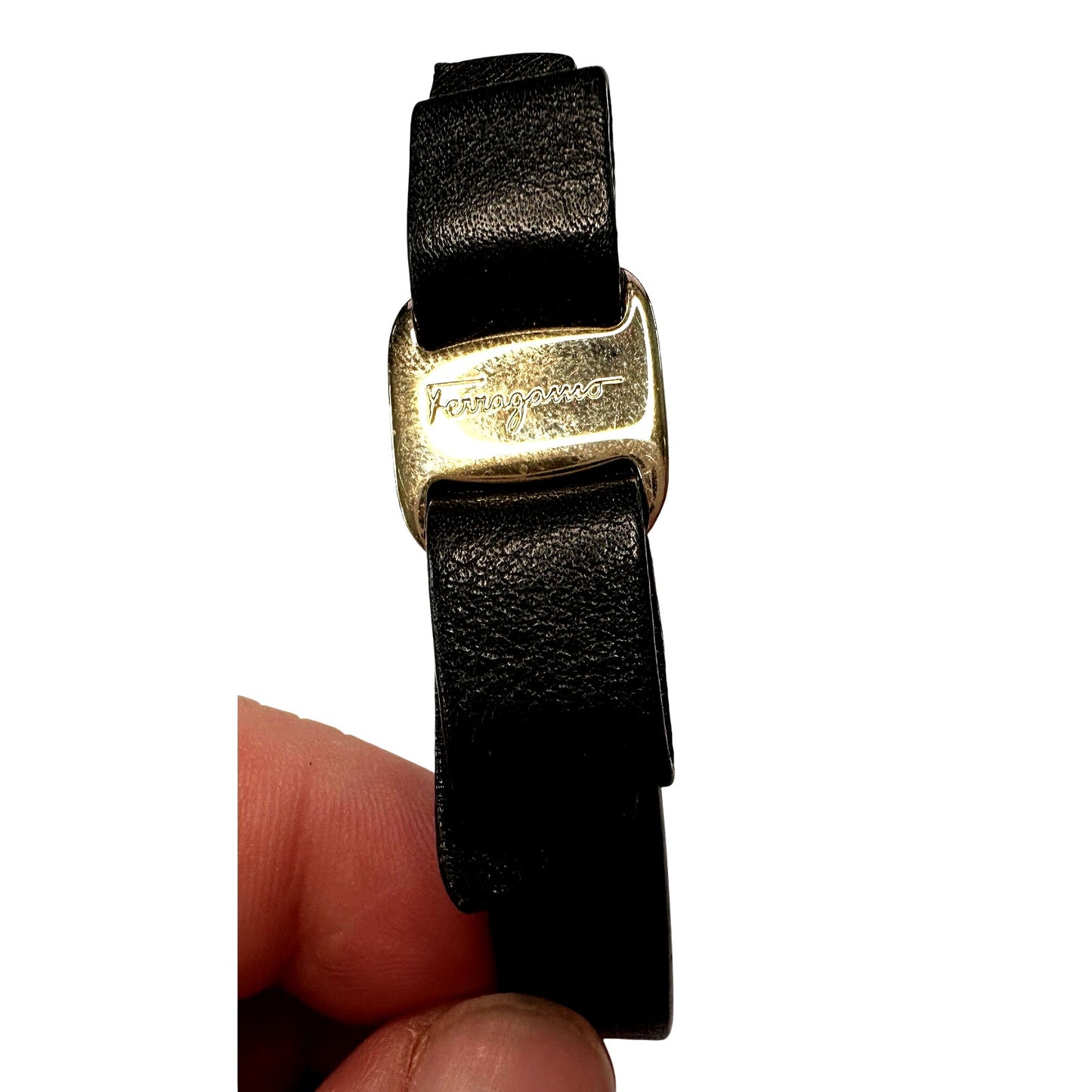 Salvatore Ferragamo Black Leather Vara Bow Bracelet with Pouch