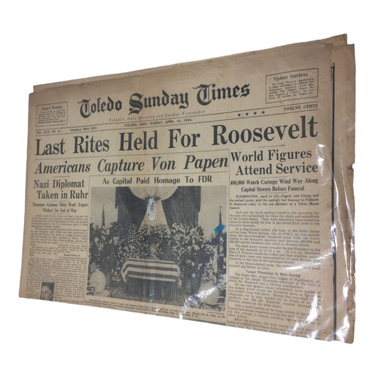 Vintage Collectible Newspaper Toledo Sunday Times April 15, 1945