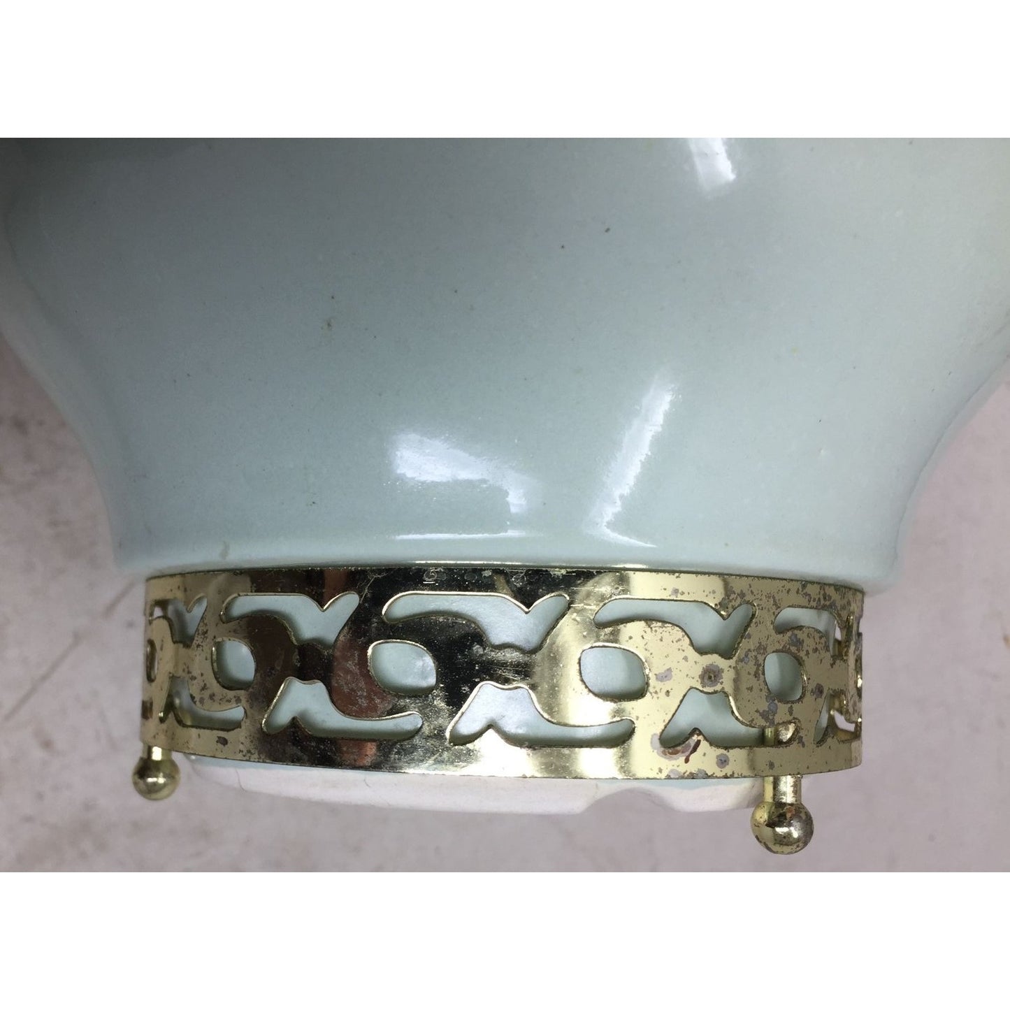 Vintage 7" Ceramic Light Green/Gold Metal Footed Bowl