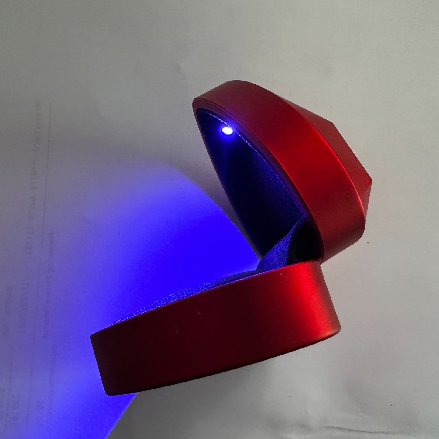 Red Heart LED Ring Box - Hard Metallic Red Exterior with Black Velvet interior - Blue Tint LED Light