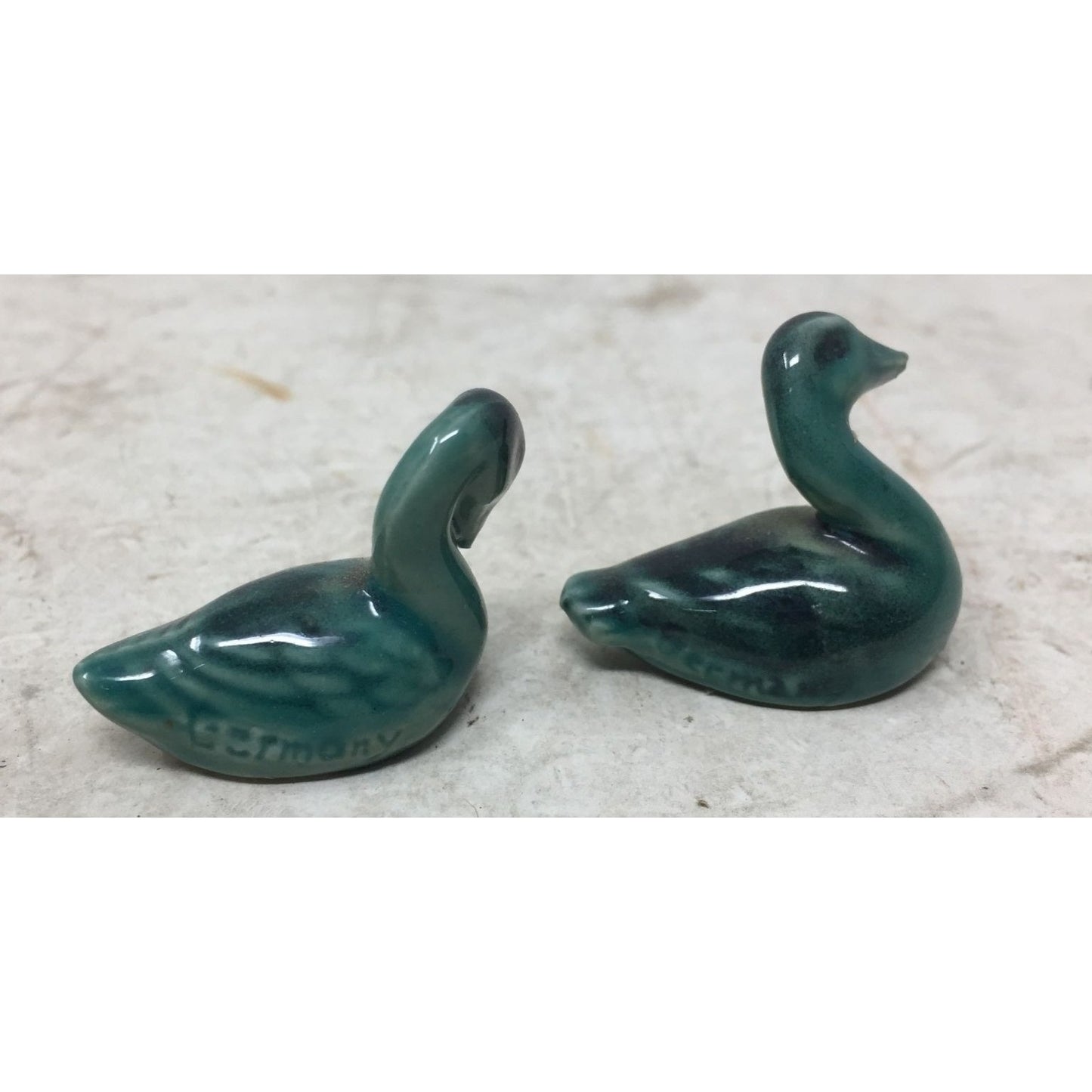 Two Vintage Small Miniature Glazed Duck Bird Figurines- Made in Germany