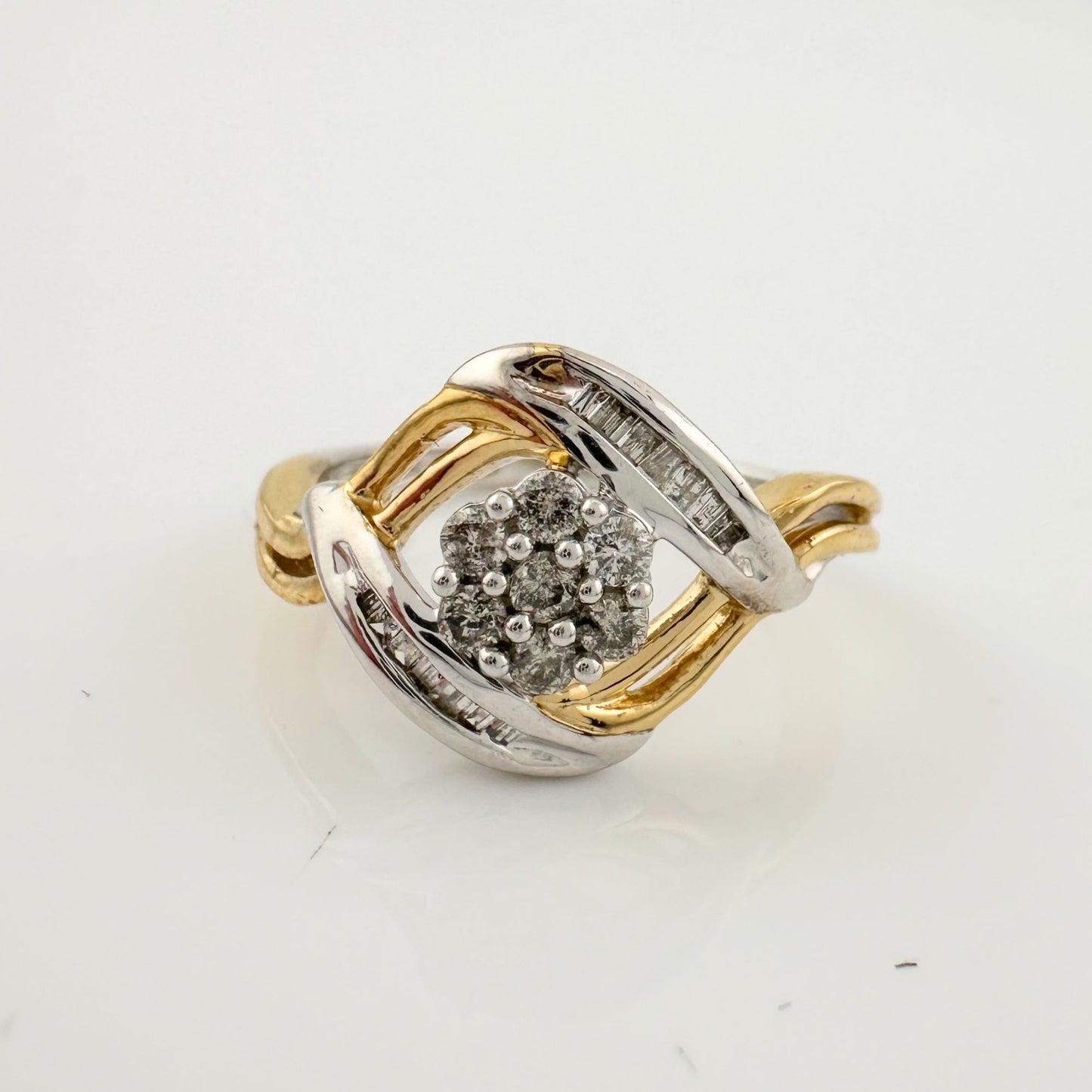 Beautiful 1/4 ct Diamond Ring Baguette and Flower Cluster with Two-Tone Sterling Band Size 9