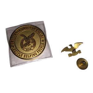 Fraternal Order of Eagles Gold Tone Lapel Pin and Commemorative Coin