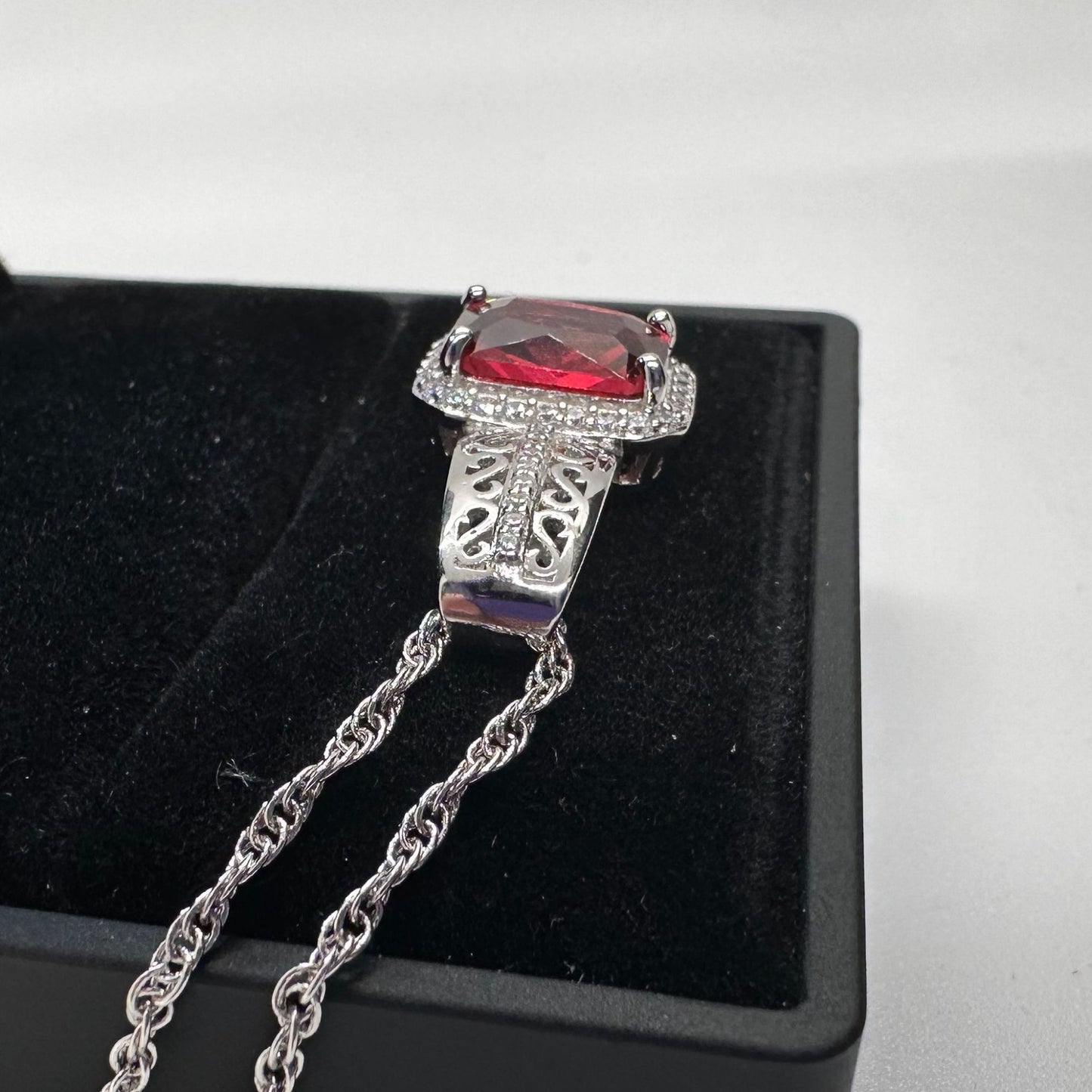 4.10 Carat Emerald Cut Ruby Designer Pendant - Sterling Silver Setting & Chain - Beautiful Filagree Detailing