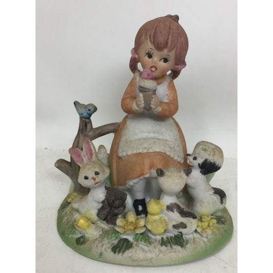 Lefton Girl Figurine Eating An Ice-cream Cone with an Array of Animals