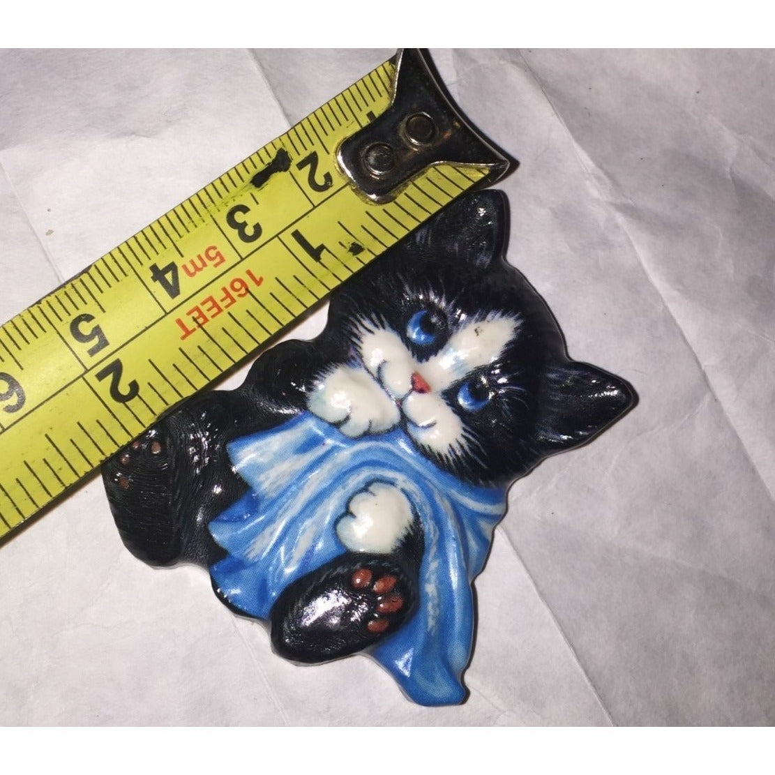 Vintage Refrigerator Magnet- Black Cat with Blue Eyes and Blanket