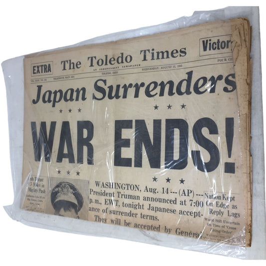 The Toledo Times Vintage Collectible Newspaper Japan Surrenders War Ends! 8/15/1945