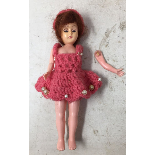 Vintage Collectible Doll Red Hair, Blue Eyes Wearing Crochet Pink Dress w/ Faux Pearls