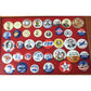 Vintage Political Button Pin Collection in Glass Lidded Wooden Box - Kennedy, Ike, FDR...