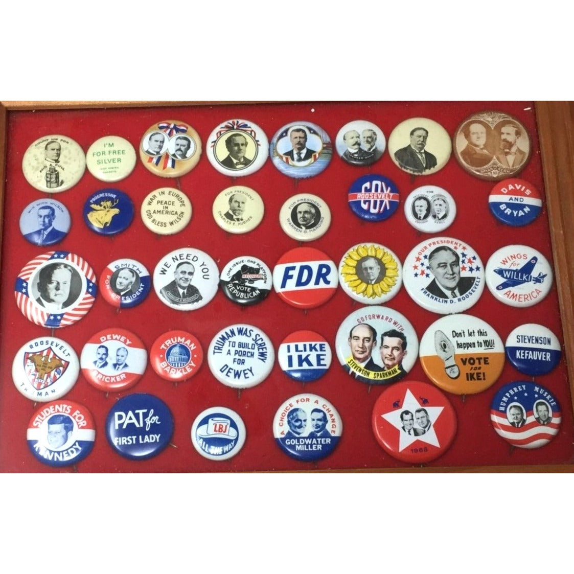 Vintage Political Button Pin Collection in Glass Lidded Wooden Box - Kennedy, Ike, FDR...