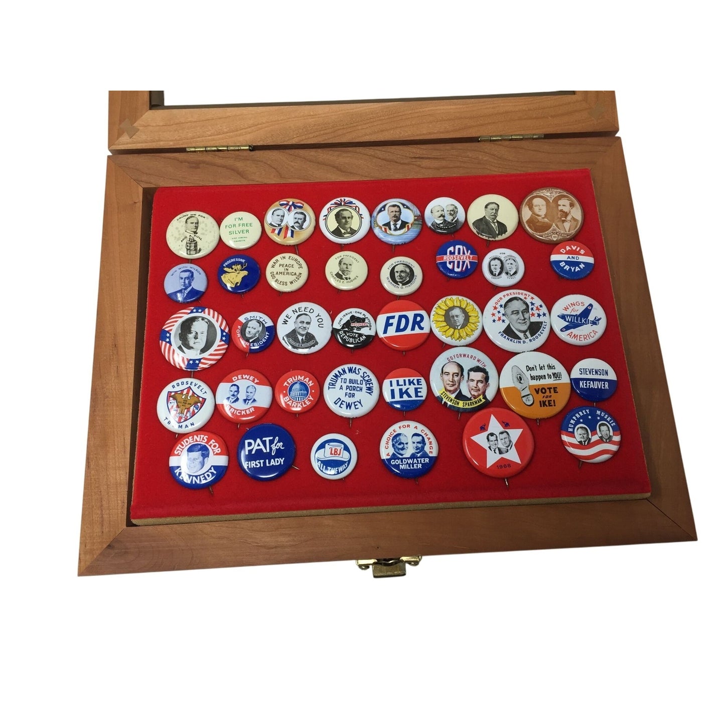 Vintage Political Button Pin Collection in Glass Lidded Wooden Box - Kennedy, Ike, FDR...