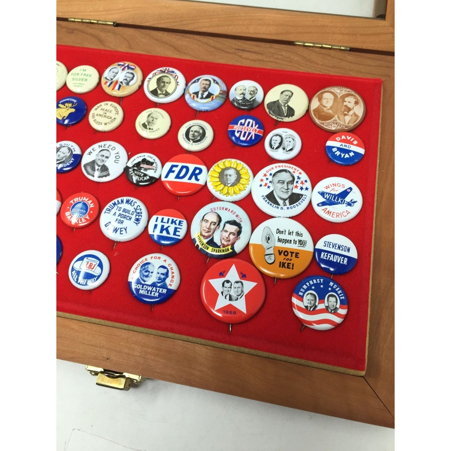 Vintage Political Button Pin Collection in Glass Lidded Wooden Box - Kennedy, Ike, FDR...