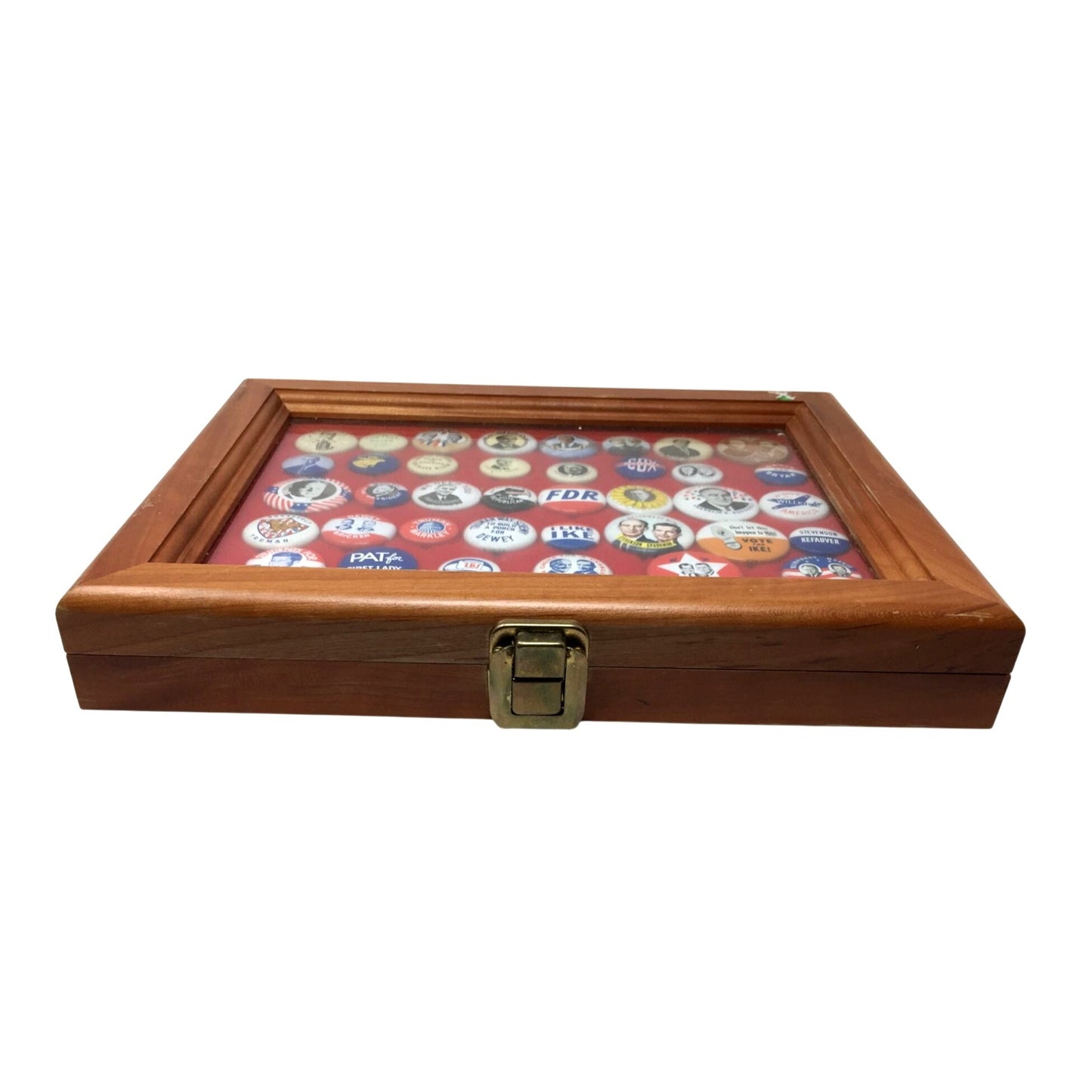 Vintage Political Button Pin Collection in Glass Lidded Wooden Box - Kennedy, Ike, FDR...