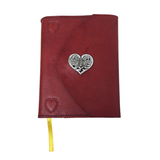 Red Leather Journal with Silver Tone Heart - Refillable Journal with yellow Ribbon marker and  Lock (no pen)