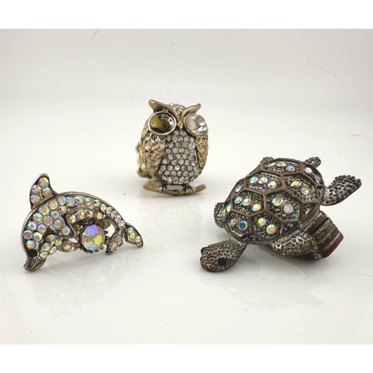 Vintage Costume Jewelry  Owl, Dolphin and Turtle Rhinestone Animal Rings (missing Stones)