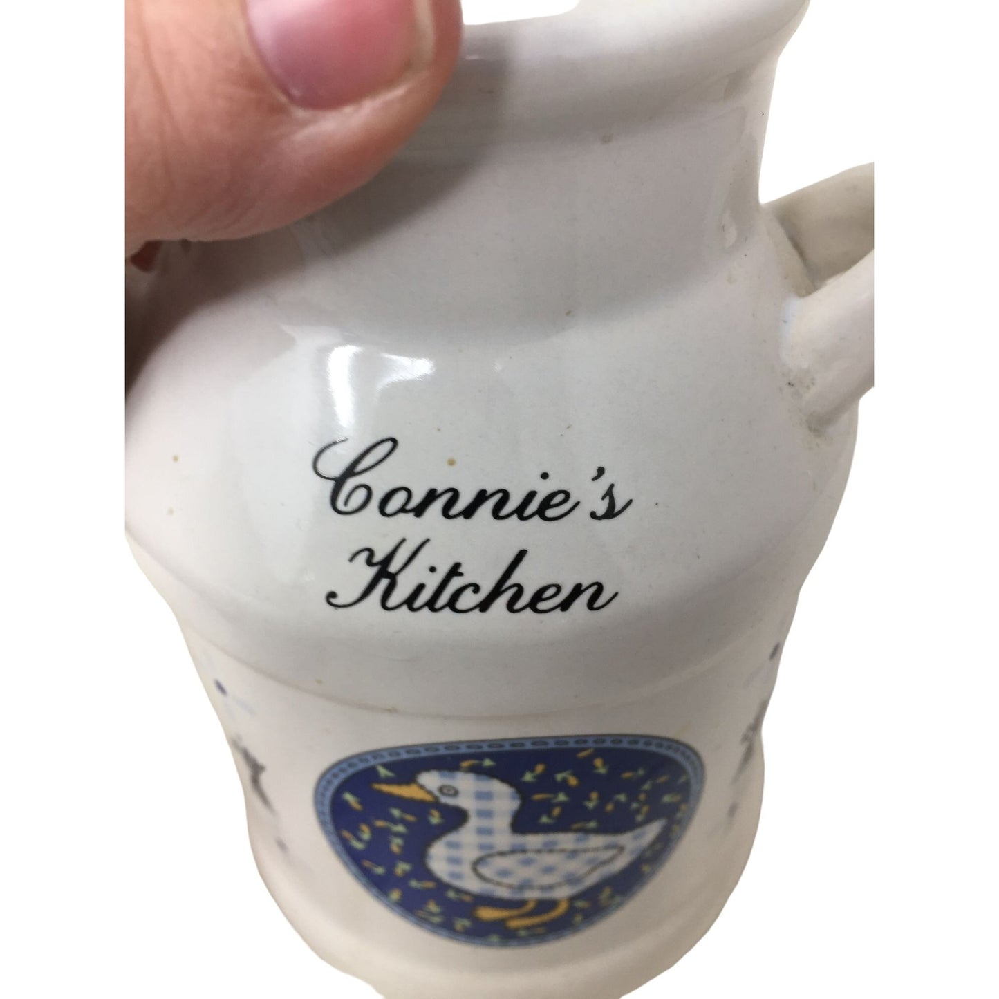 Vintage Ceramic Country Style Kitchen Utensil Holder says "Connie's Kitchen" on front