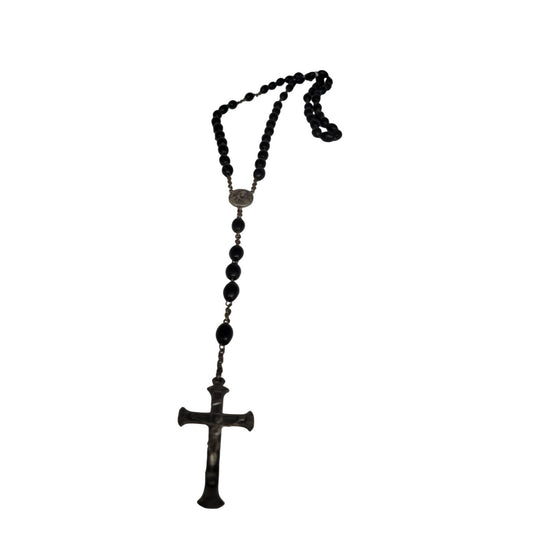 Rosary Necklace Chain & Black Beads Catholic Cross Crucifix Prayer Beads