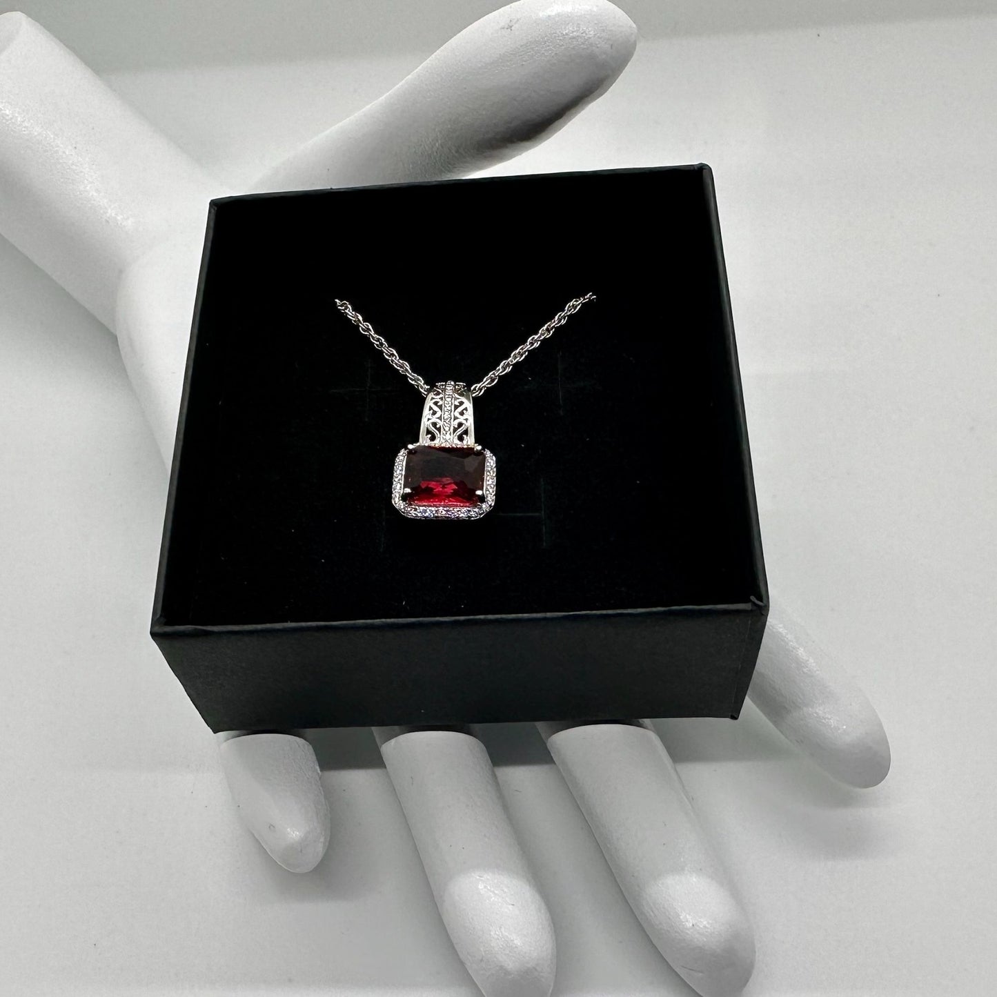 4.10 Carat Emerald Cut Ruby Designer Pendant - Sterling Silver Setting & Chain - Beautiful Filagree Detailing