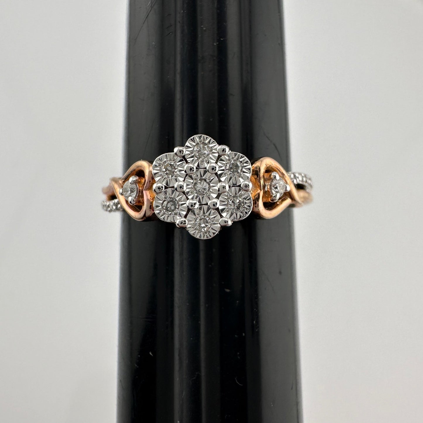 Two Tone Diamond Cluster Ring with Hearts on sides - size 7