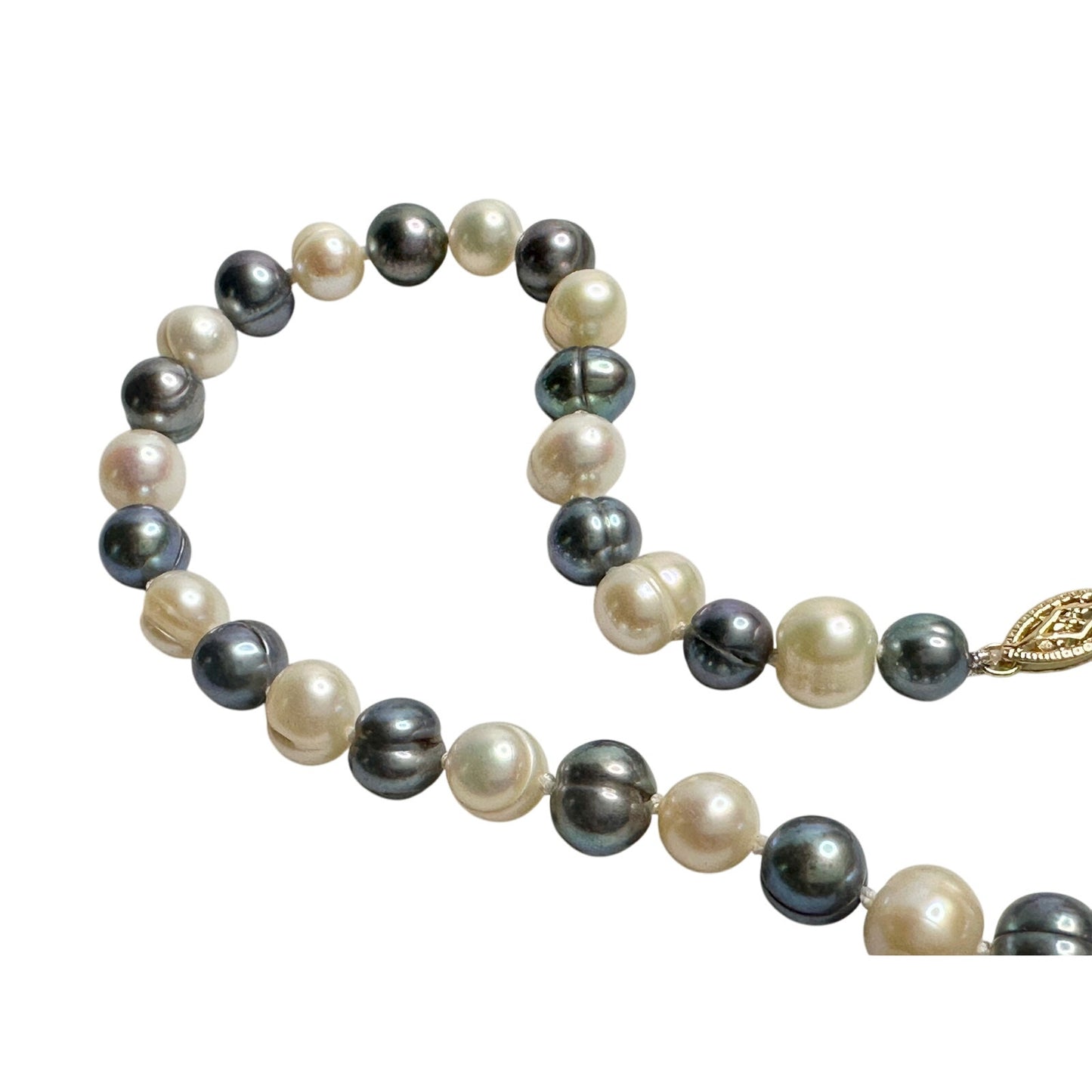 14kt Gold Hand Knotted 7mm Peacock Black (Bluish) & White Pearl Necklace 17"