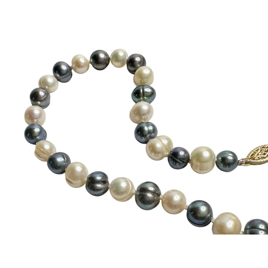 14kt Gold Hand Knotted 7mm Peacock Black (Bluish) & White Pearl Necklace 17"