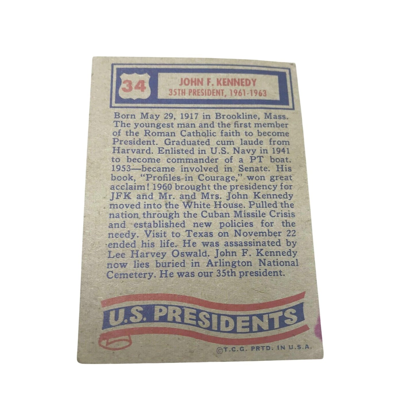 1972 Topps U.S Presidents JOHN F KENNEDY Trading Card  #34