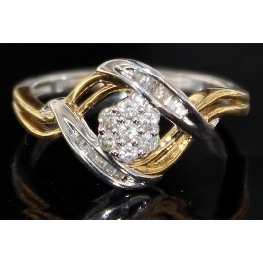 Beautiful 1/4 ct Diamond Ring Baguette and Flower Cluster with Two-Tone Sterling Band Size 6