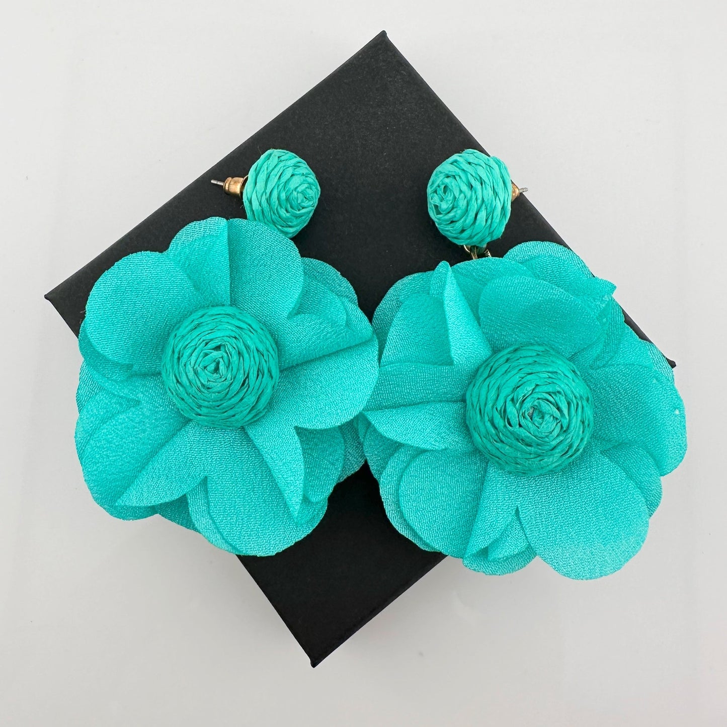 Teal Cloth Flower Earrings - CUTE!