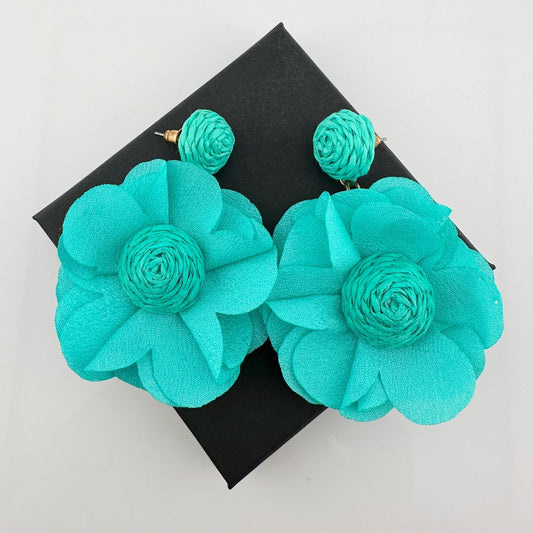 Teal Cloth Flower Earrings - CUTE!