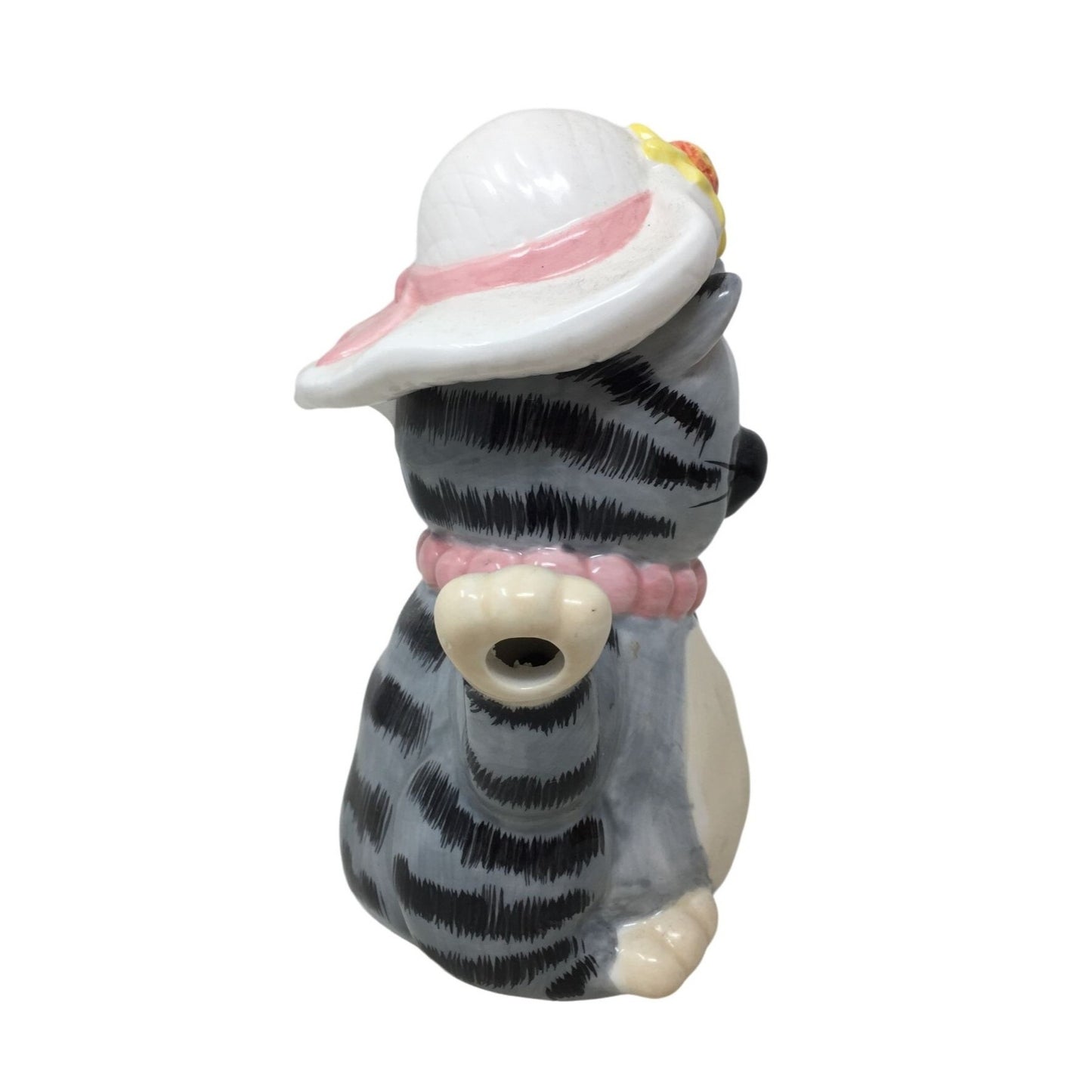 Fun Novelty Cat Pitcher / Pourer - Cute Gray Cartoonish Tabby Cat with White Sunhat and Pink Necklace