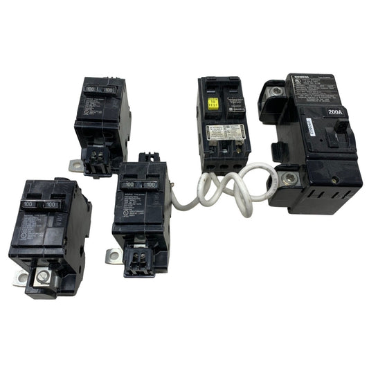 (5) Circuit Breakers - (1) Siemens 200 Amp 2 Pole, (1) Square D Breaker with Interrupter (3) Siemens 2 pole 100 amp Breakers