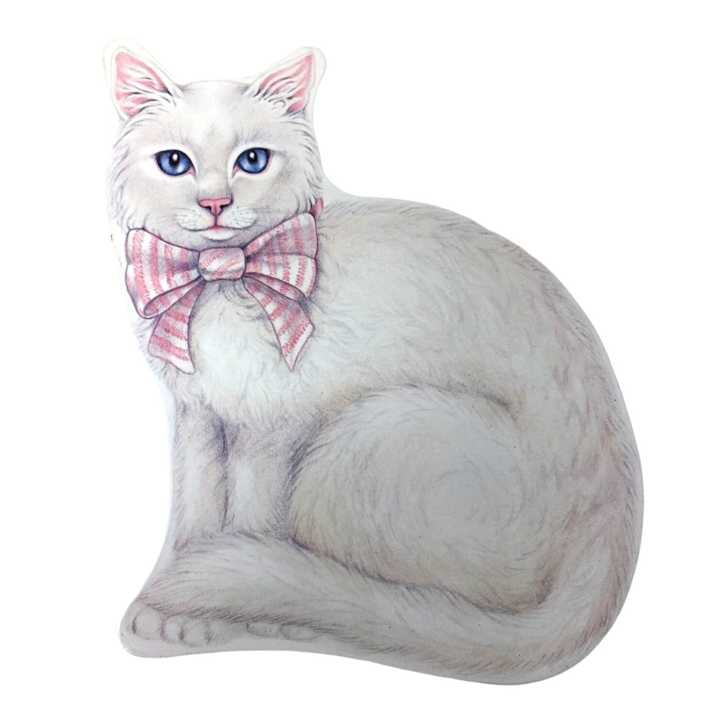 White Cat Shaped Tin Box - Two Sides of  Art with Pretty White Cat with Pink Striped Bow & Blue Eyes