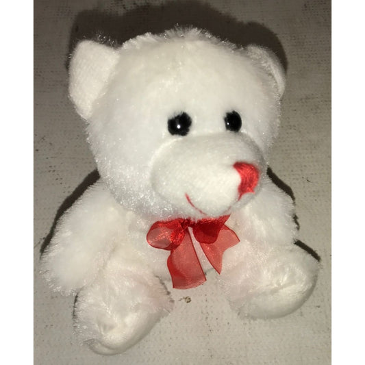 Small White Plush Stuffed Animal Bear wearing Red Bow - about 6 inches