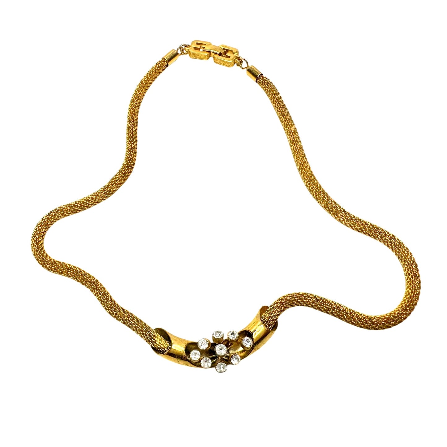 Vintage Givenchy Mesh / Herringbone / Snake Necklace w Floating Rhinestones