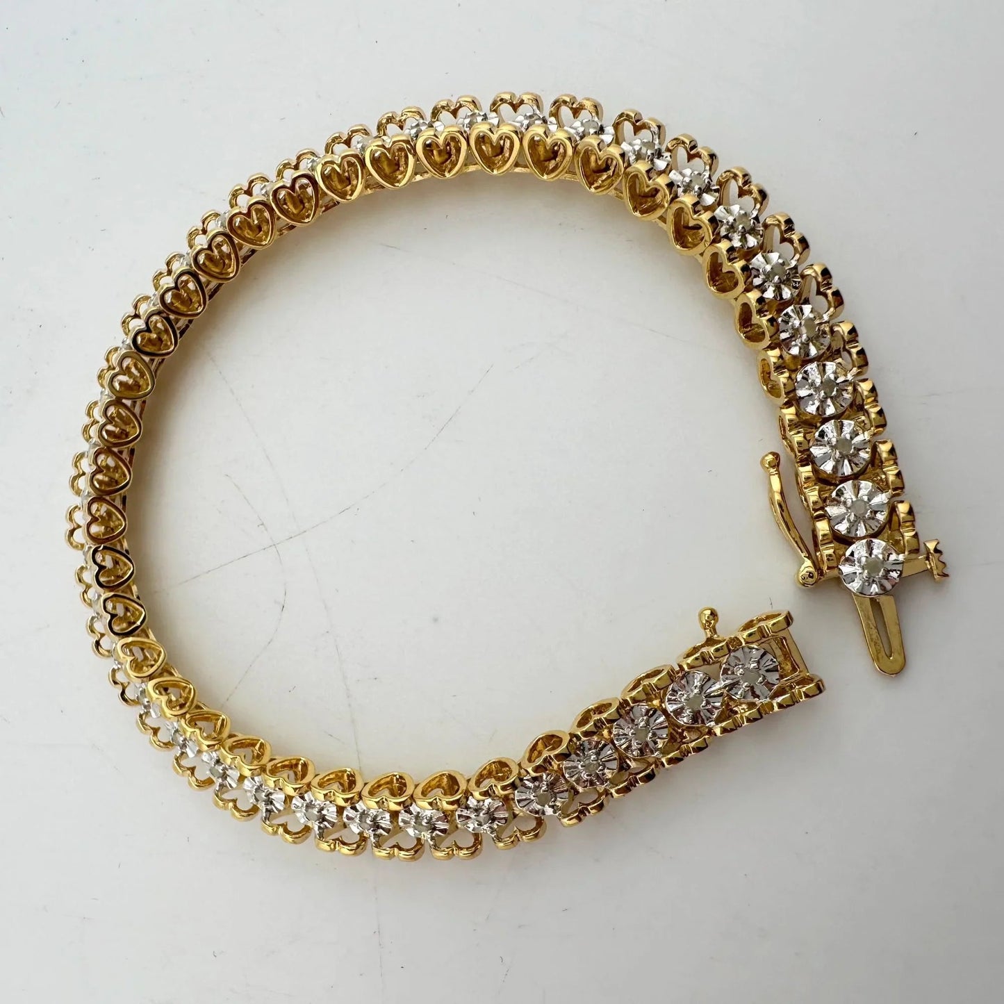 1/2 Carat Diamond Bracelet w Heart Pattern on Side 14kt Gold Overlay Sterling - A+ Stuff