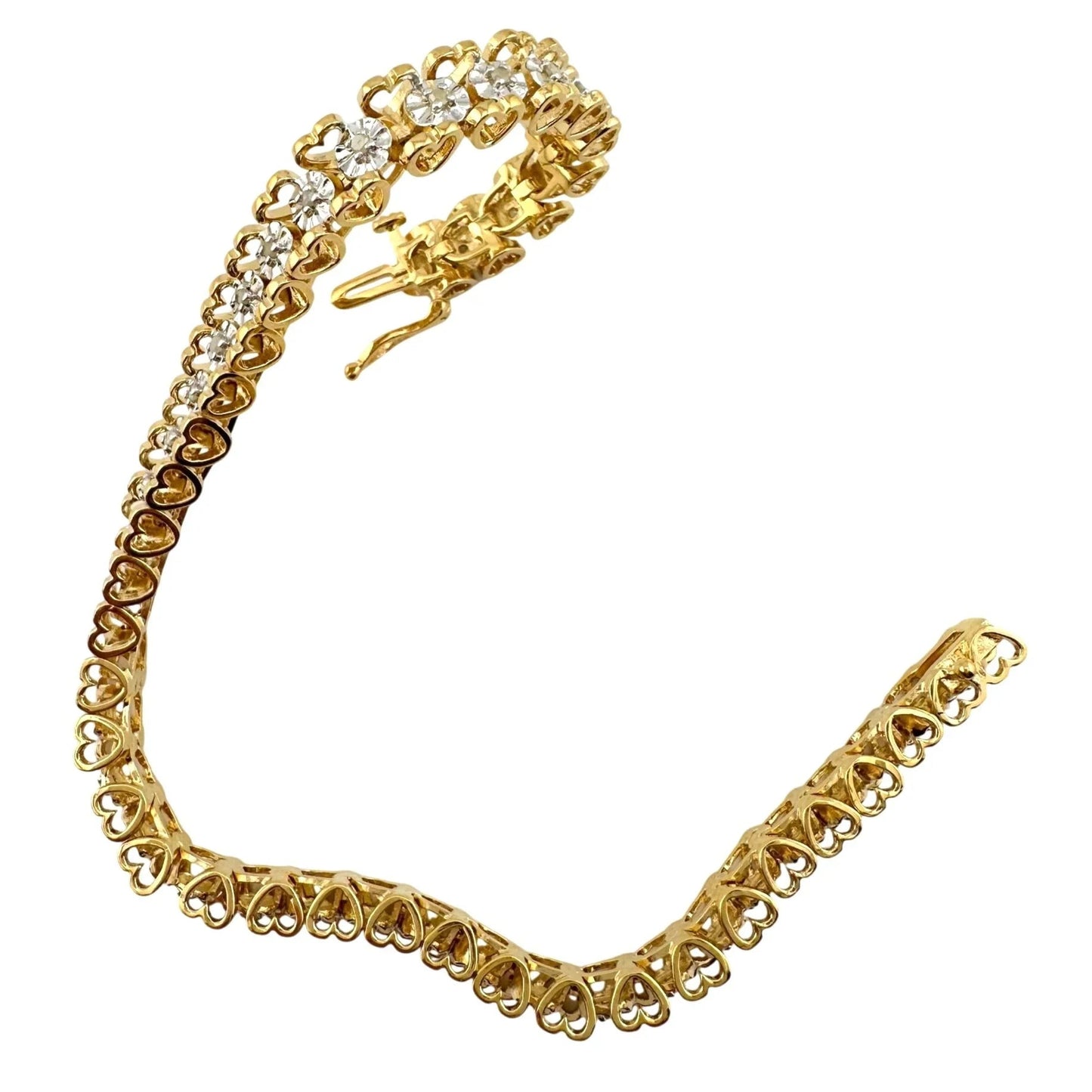 1/2 Carat Diamond Bracelet w Heart Pattern on Side 14kt Gold Overlay Sterling - A+ Stuff